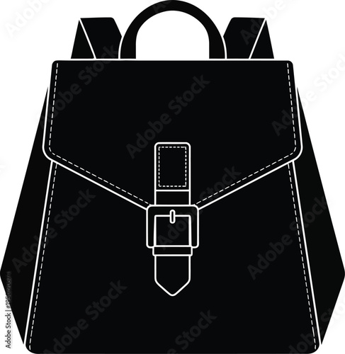 A classic black leather backpack featuring a front flap closure with a single metal buckle strap