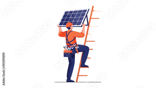 Solar Panel Installer: A determined technician ascends a ladder, carrying a solar panel, symbolizing innovation, sustainable energy, and a greener future.