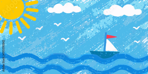 A child s crayon drawing of a sunny seascape with a sailboat