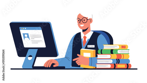 Senior Librarian with Computer and Books: A kindly senior librarian is depicted focused and knowledgeable, working with books and modern technology in a cozy office.