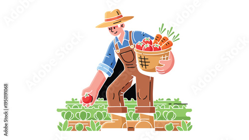 Harvest's Embrace: A farmer diligently harvests ripe tomatoes and carrots, embodying the essence of rural life, and the bounty of the earth.