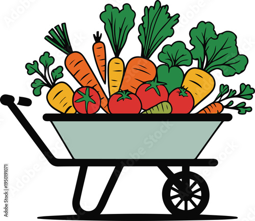 Wheelbarrow full of harvested vegetables, flat vector sticker illustration, bold black outline, minimal shapes, white background 3