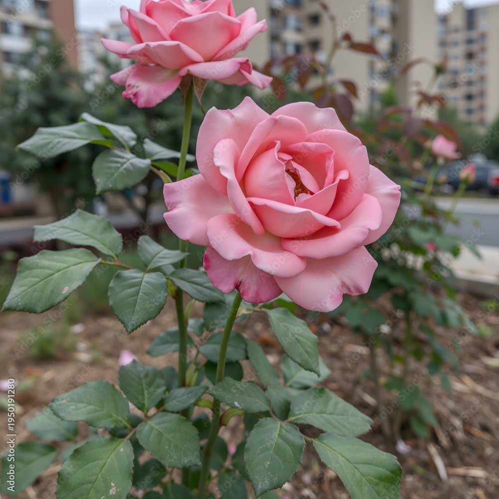 Obraz premium A soft pink rose blooms in the foreground, its petals detailed and vibrant, with another rose and green foliage behind it, set against an urban backdrop of buildings and garden soil.