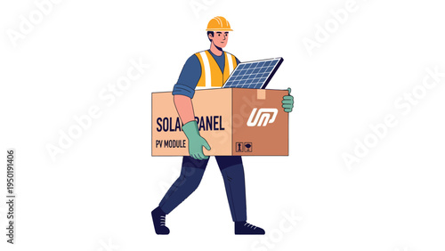 Solar Panel Installation: A determined worker carries a solar panel within a cardboard box labeled SOLAR PANEL PV MODULE, illustrating a commitment to sustainable energy. 