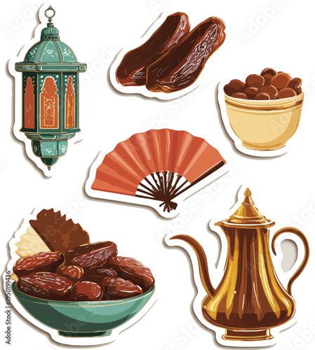 Set of coffee beans with cups and breakfast items illustration