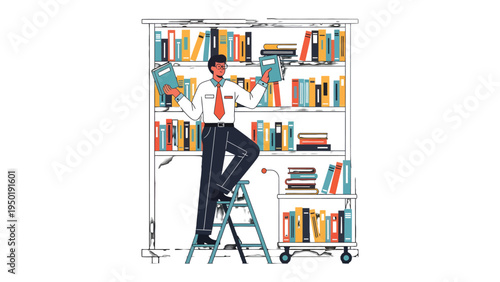 Curator of Knowledge: A focused individual ascends a ladder to meticulously arrange books upon the shelves, signifying dedication and attention to information.