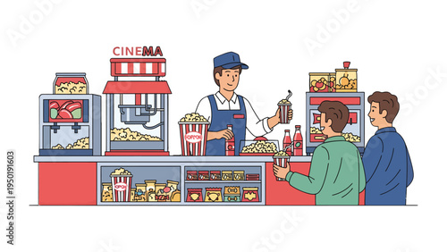 Movie Snack Service: An animated illustration captures the energy of a movie theater concession stand, with a staff member handing a customer a refreshing drink and popcorn.
