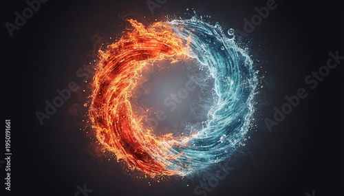 Fiery and Watery Circle Abstract Concept on Black Background