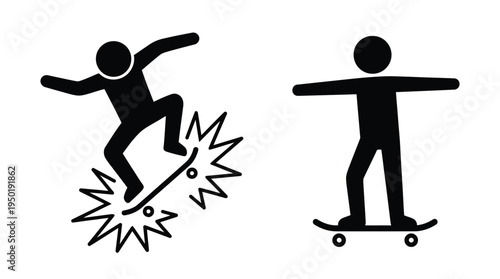Vector graphic of stick figures skateboarding performing tricks and cruising