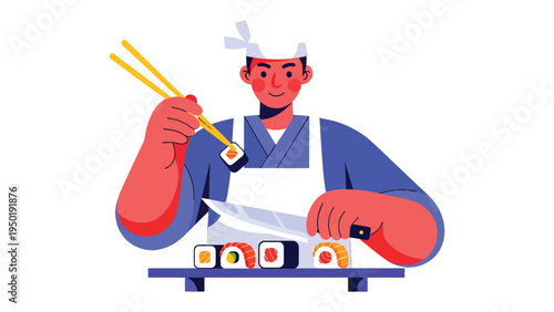 Sushi Chef at Work: A skilled sushi chef, in traditional attire, meticulously crafts fresh, flavorful sushi, his expert hands shaping each piece with precision.