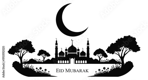 A striking black silhouette of a mosque and crescent moon celebrating eid mubarak silhouette high quality