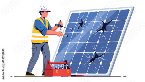 Solar Panel Technician Repairing: A dedicated technician is meticulously repairing a damaged solar panel, showcasing expertise and commitment to sustainable energy.