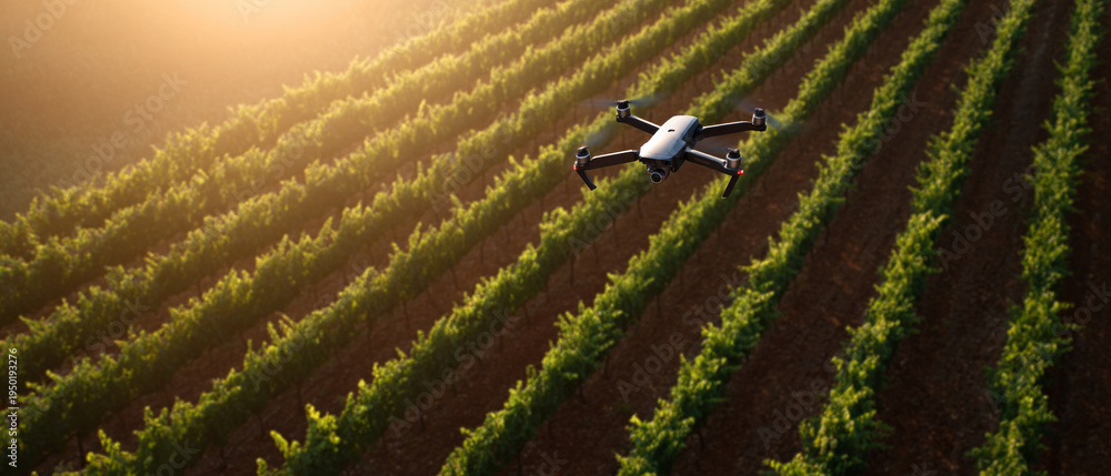 Fototapeta premium Drone flying over vineyard rows at sunset
