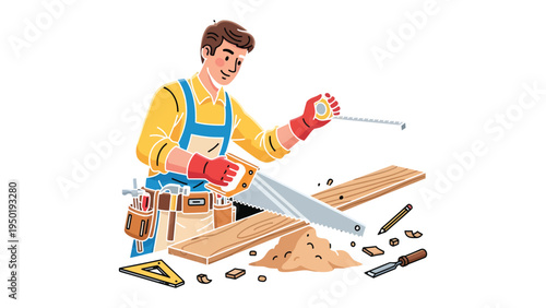 Crafting with Precision: A skilled artisan, immersed in their craft, meticulously saws a piece of wood, embodying the spirit of dedication, and attention to detail. 