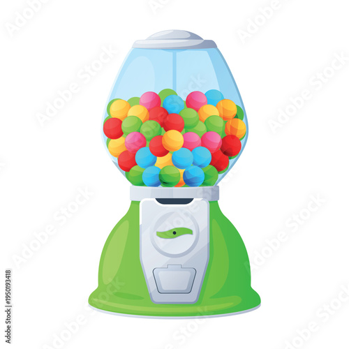 An illustration of a gumball machine on a white background filled with colorful round candies, perfect for any gaming space or setting.
