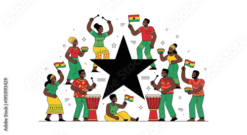 People Celebrating with Drums Flags.