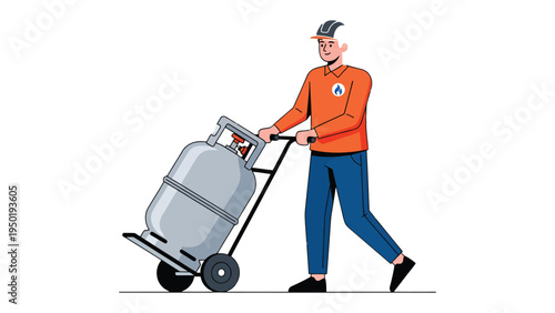 Gas Cylinder Delivery: A determined worker skillfully transports a heavy gas cylinder on a hand truck, embodying reliability and providing essential services.