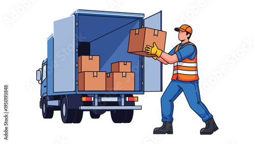 Freight Forwarding Efficiency: An efficient delivery driver loads cardboard boxes into a delivery truck, highlighting logistic precision. 