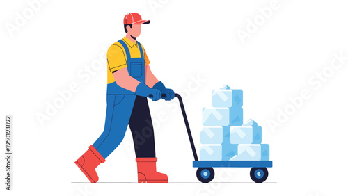 Ice Delivery: A worker is diligently delivering a stack of ice cubes using a push cart, symbolizing cooling refreshment. 
