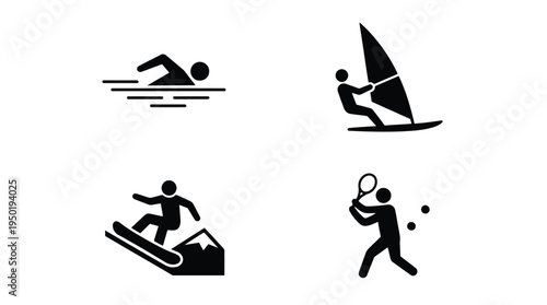 Vector graphic illustration of four sports icons featuring swimming, windsurfing, snowboarding, and tennis