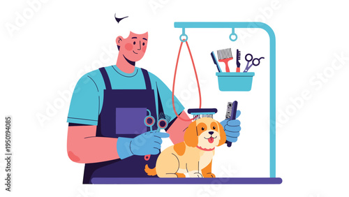 A Groomer and His Best Friend: An illustrated scene captures the heartwarming bond between a dog groomer and their furry companion, as they work together to achieve a polished look.