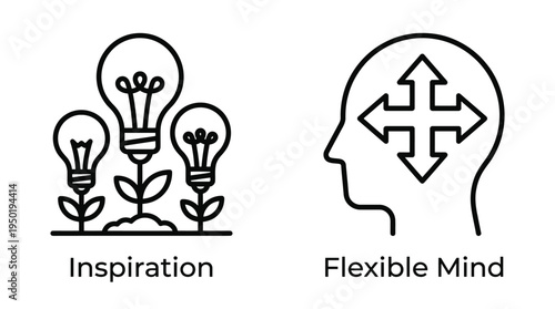 Vector illustration of inspiration and flexible mind concepts with lightbulb and human head graphics symbolizing ideas and adaptability in a simple modern design