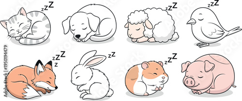 Cute sleeping animals isolated on transparent background