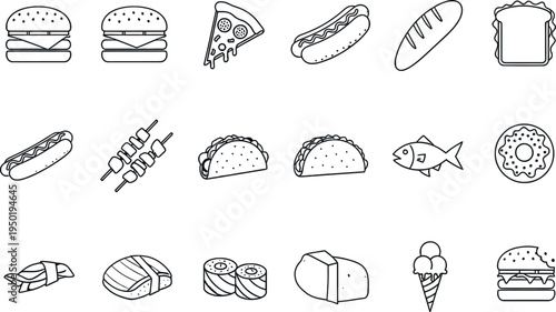 A set of 16 black and white food icons isolated on transparent background