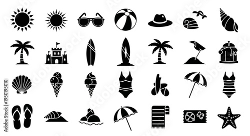 Vector Black Summer Beach Icons Set – Minimal Travel and Vacation Symbols