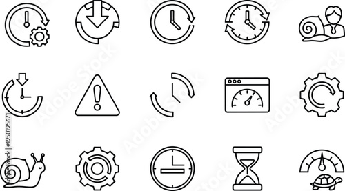 Time management and productivity line icons set, clock countdown process speed performance outline vector collection business efficiency