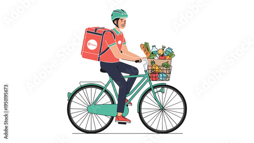Eco-Friendly Delivery: A vibrant illustration depicts a delivery person cycling through the city streets, his bicycle laden with fresh groceries, symbolizing sustainability and convenience.