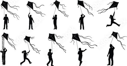People flying kites silhouettes set, outdoor leisure activity, children and adults kite flying, windy day fun recreation concept