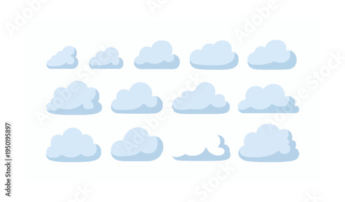 Cute fluffy cartoon cloud vector set in flat design style isolated on white background for weather and sky illustrations