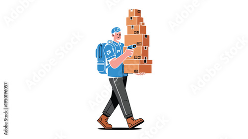 Delivery Courier's Journey: A delivery courier, burdened yet determined, strides forward, balancing a tower of packages in the pursuit of swift and secure delivery.