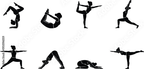 Yoga poses silhouettes meditation fitness flexibility exercise vector set