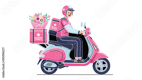 Floral Courier's Glide: A cheerful courier, mounted on a sleek scooter, embarks on a delightful journey to deliver a vibrant bouquet. The image captures the essence of efficient service and freshness.