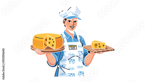 Cheese Merchant's Offering: A friendly cheese merchant, adorned in his uniform and chef's hat, proudly presents an assortment of delectable cheeses, enticing with their textures.