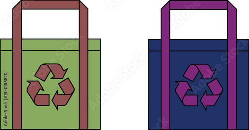 Reusable shopping bag icons illustration with recycling symbols showing eco‑friendly green and blue designs promoting sustainability, environmental awareness, waste reduction, and modern lifestyle des