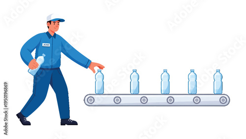 Water Bottle Production: A worker efficiently manages the production line of plastic water bottles, ensuring quality control in a modern factory setting.