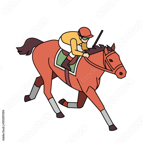Jockey Riding Brown Horse in Action.
