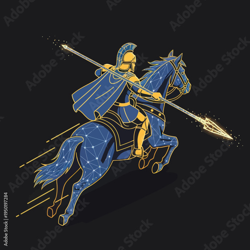 Illustration of Knight Riding Horse with Spear.