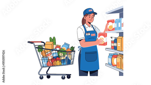 Grocery Store Assistant's Efficiency: A diligent grocery store assistant, meticulously organizing a shelf with stocked food items, while a shopping cart brimming with groceries stands nearby.