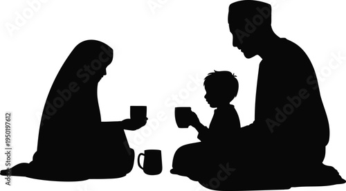 Illustration of silhouette of a family having a meal together isolated