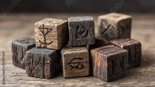 A close-up view of distressed handcrafted wooden blocks etched with ancient runes and symbols
