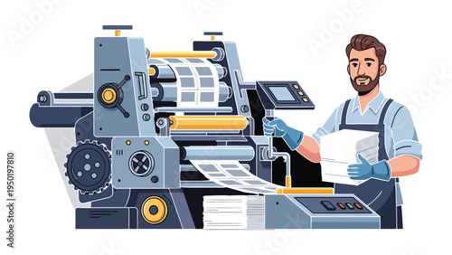 Printing Press Mastery: A skilled professional stands proudly beside a complex printing press, skillfully managing sheets of freshly printed material.