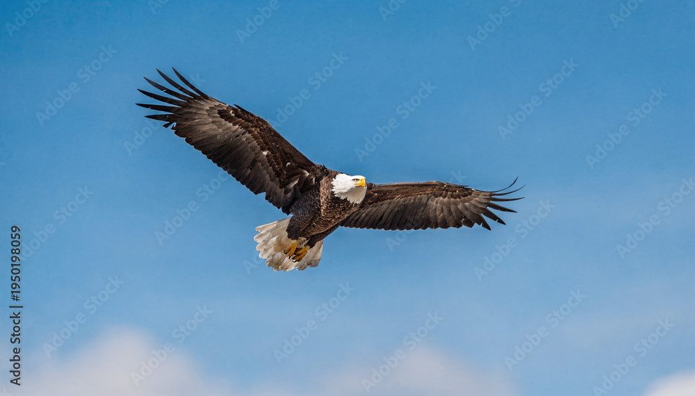 Obraz premium Majestic Bird Soars: Magnificent Creature in Blue Sky, Wings Spread Wide