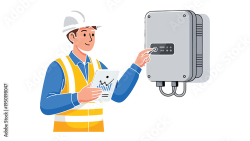 Solar Energy Engineer Inspecting Equipment: A skilled engineer, poised in a work environment, meticulously examines a solar energy system control panel.