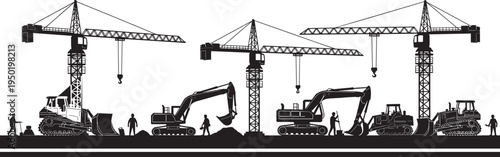 Black silhouette construction site panorama with tower cranes lifting, excavators digging, bulldozers pushing, workers team, heavy machinery industrial building project vector illustration.