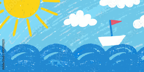 A child s crayon drawing depicts a sunny seascape with waves and a boat