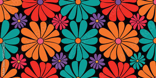 A vibrant repeating pattern of colorful stylized flowers on a dark background